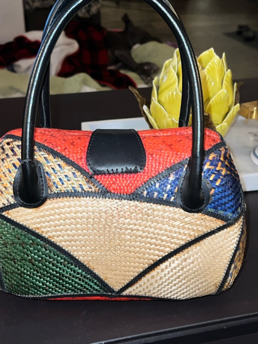 Vintage Woven Straw Accent Satchel - Red, Tan & Black - Picture 3 of 7